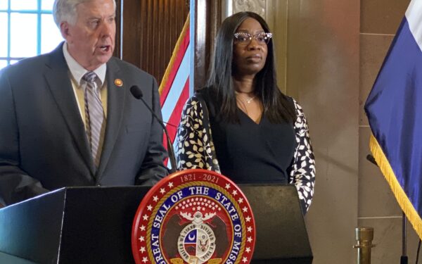 Judge Ransom looks on as Governor Michael Parson introduces her as his pick for the Missouri Supreme Court. (Photo: James Klein)