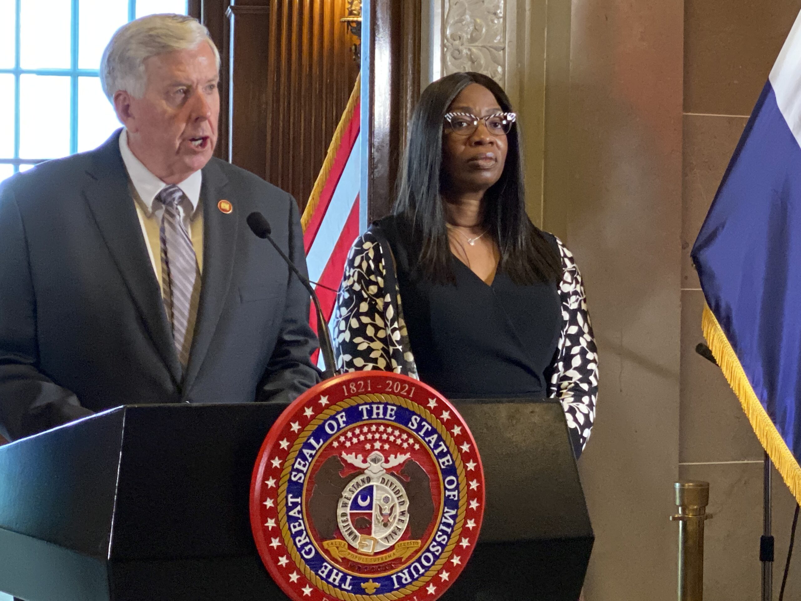 Judge Ransom looks on as Governor Michael Parson introduces her as his pick for the Missouri Supreme Court. (Photo: James Klein)