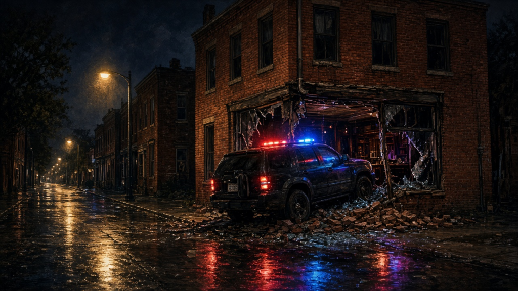 Illustration of a police SUV crashed through the shattered front window of a red-brick neighborhood bar at night on a rain-slicked South St. Louis street, emergency lights glowing.